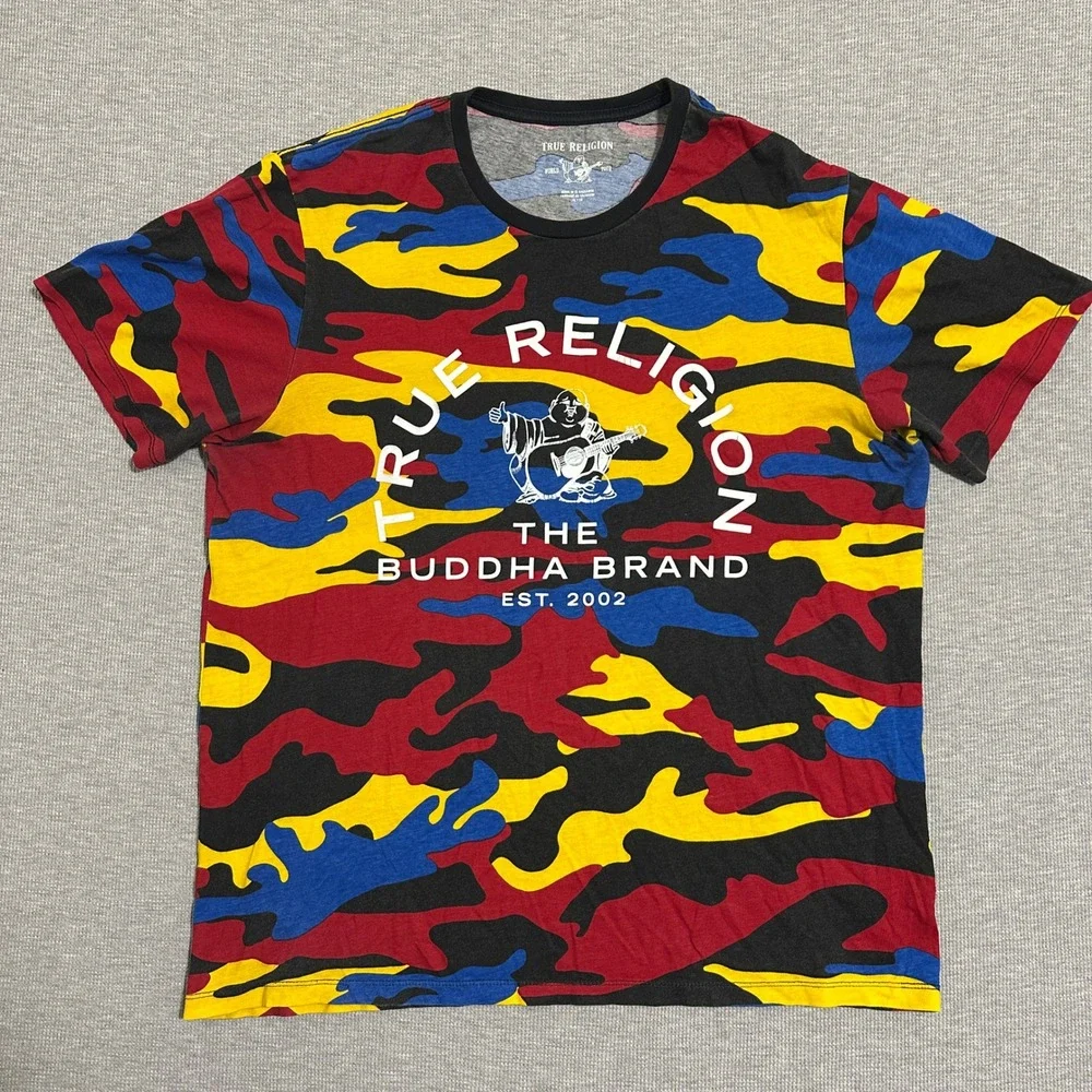 True Religion Buddha Brand All Over Camo Print Tee Multicolor Y2K 2002 XL